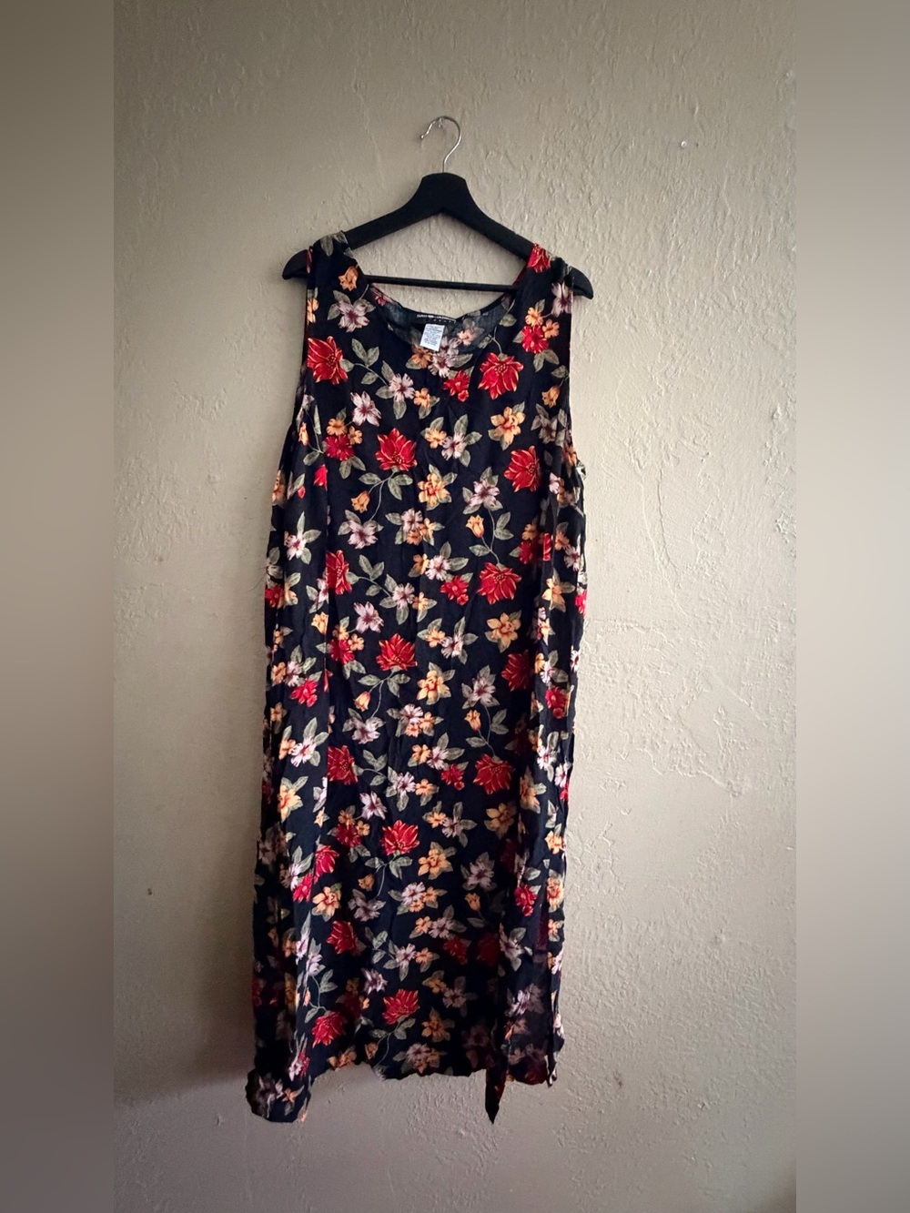 Vintage Black Floral Maxi Dress with Red & Cream Blooms